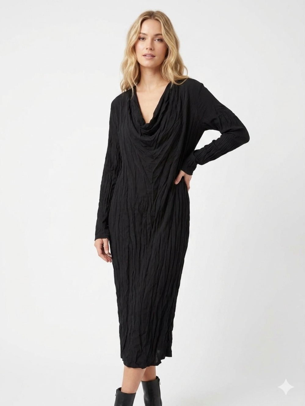 Zara Black Crinkle Long-Sleeve Cowl Midi Dress